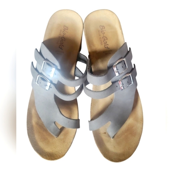 Shoes - Bio-Gold Women's Gray Leather Cork Wedge Made In Italy Sandals SZ 9